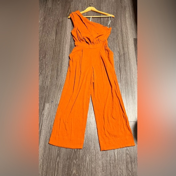 Free People Pants - Free People Orange Wide-Leg Jumpsuit with Elasticated Neckline